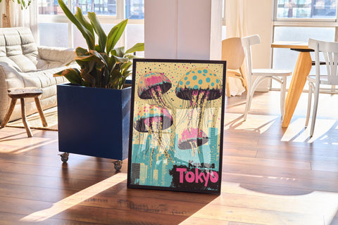 Colorful jellyfish illustration set against Tokyo skyline