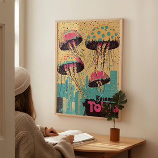 Japan retro poster with soft pink and yellow tones for home office walls