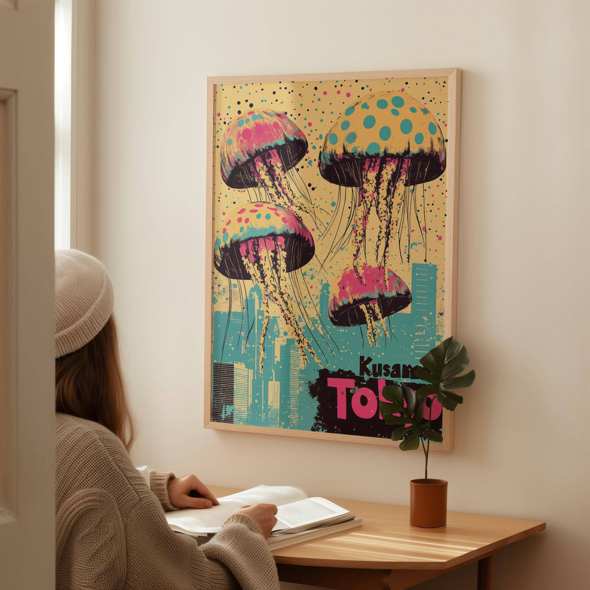Japan retro poster with soft pink and yellow tones for home office walls