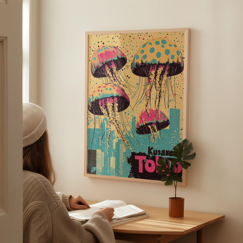 Bold and vibrant jellyfish art print for living room