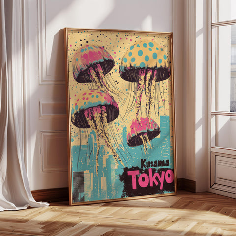 Retro jellyfish wall art with vibrant colors