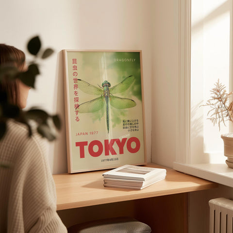 Japanese art print with a dragonfly and Tokyo-inspired design