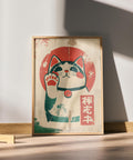 Vintage Japanese lucky cat print with traditional colors