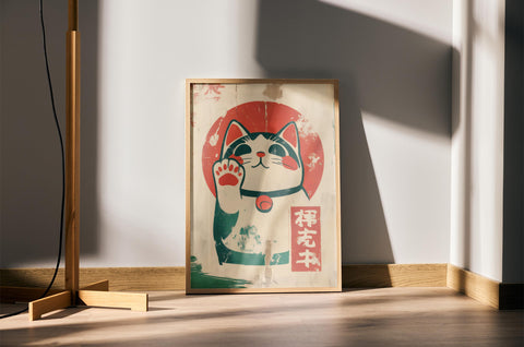 Vintage Japanese lucky cat print with traditional colors