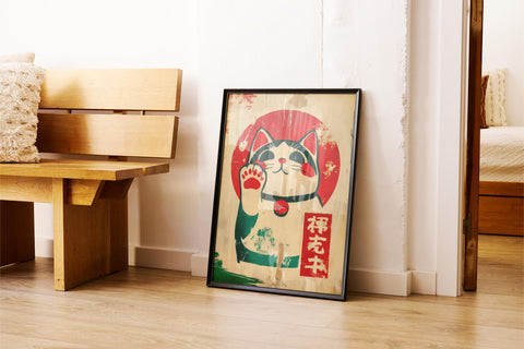 Fortune cat waving poster symbolizing good luck and wealth