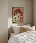 Classic Maneki Neko wall art in traditional red and white tones