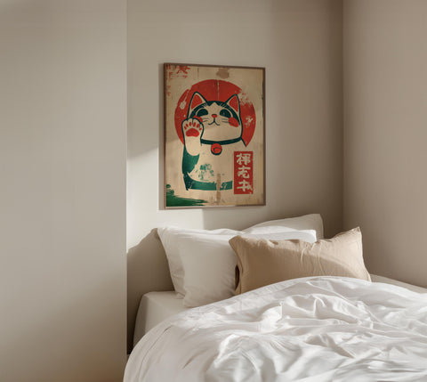 Classic Maneki Neko wall art in traditional red and white tones