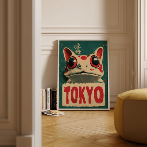 Detailed frog with bright eyes in a stylish Tokyo poster design.