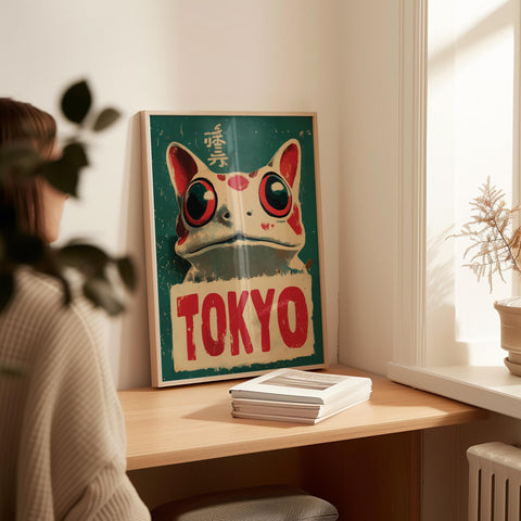 Cute frog illustration on a Japanese wall art print for living rooms.