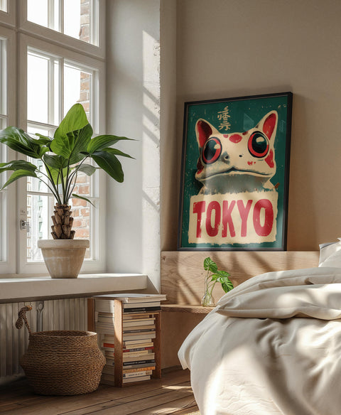 Japanese wall art featuring a large-eyed frog with bold typography.