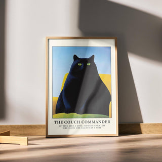 Commanding black cat in funny pose on poster for modern spaces