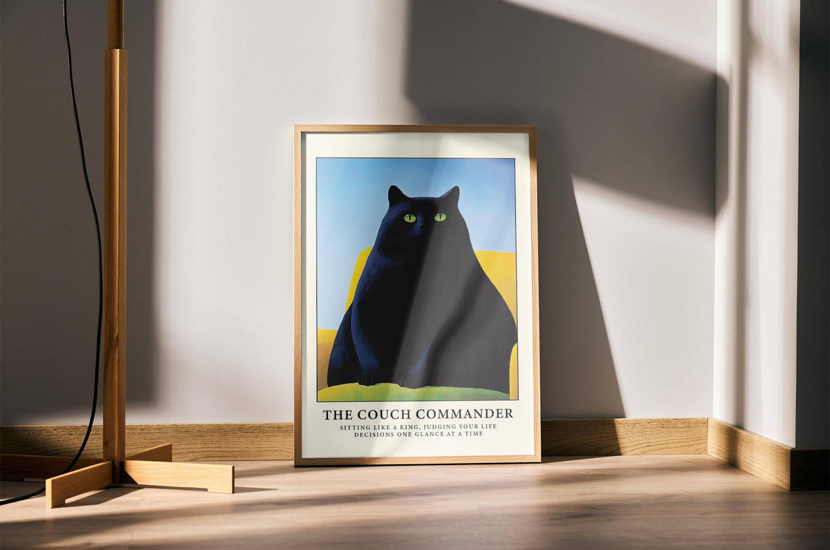 Commanding black cat in funny pose on poster for modern spaces