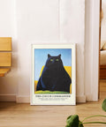 Quirky black cat art with a humorous, commanding pose.