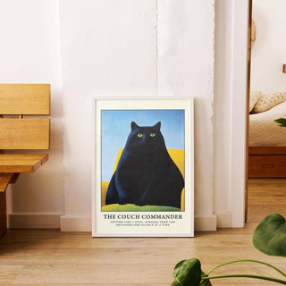 Cat funny poster with poised feline in high-contrast black and white