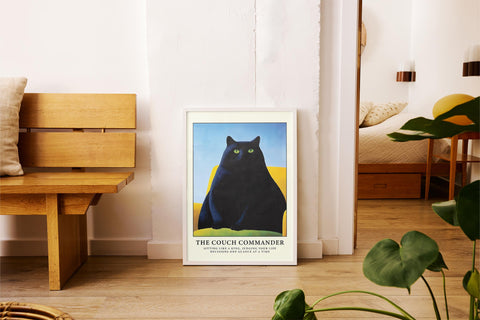 Quirky black cat art with a humorous, commanding pose.