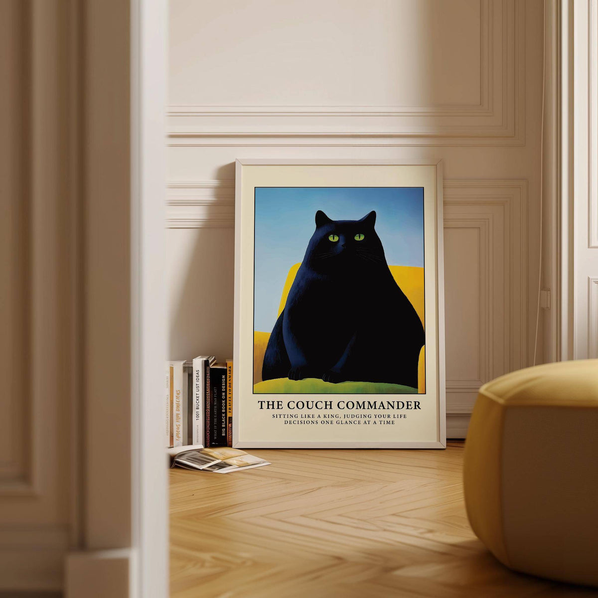 The Couch Commander black cat wall poster with bold colors.