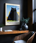 Minimalist black cat art print for living room or office space.