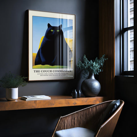 Minimalist black cat art print for living room or office space.