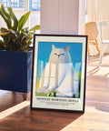 Funny white cat wall art with minimalist design, adding humor to any room.