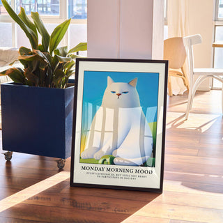 Relatable cat poster wall image with blue background for home office

