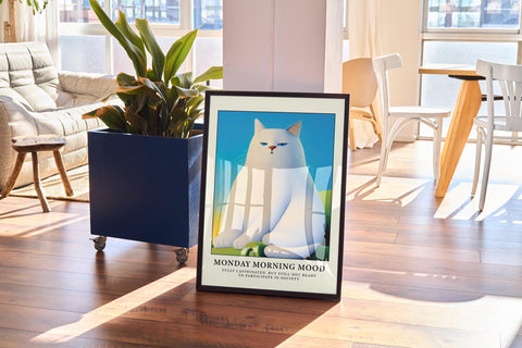 Funny white cat wall art with minimalist design, adding humor to any room.