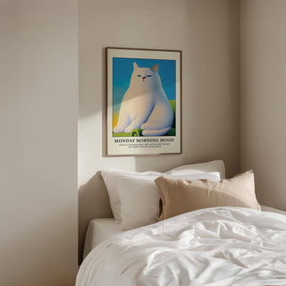 Minimalist cat poster wall featuring moody white cat illustration

