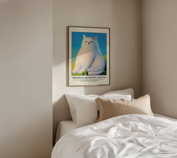 Minimalist cat poster wall featuring moody white cat illustration

