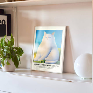 Bold cat poster wall with white cat and green chair details

