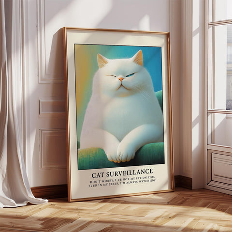 Funny cat print wall art in retro style for living rooms.