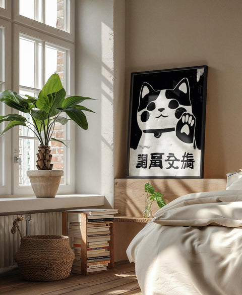 Monochromatic lucky cat poster for modern home decor.