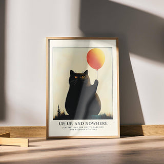 Humorous black cat poster with bright orange balloon for office decor