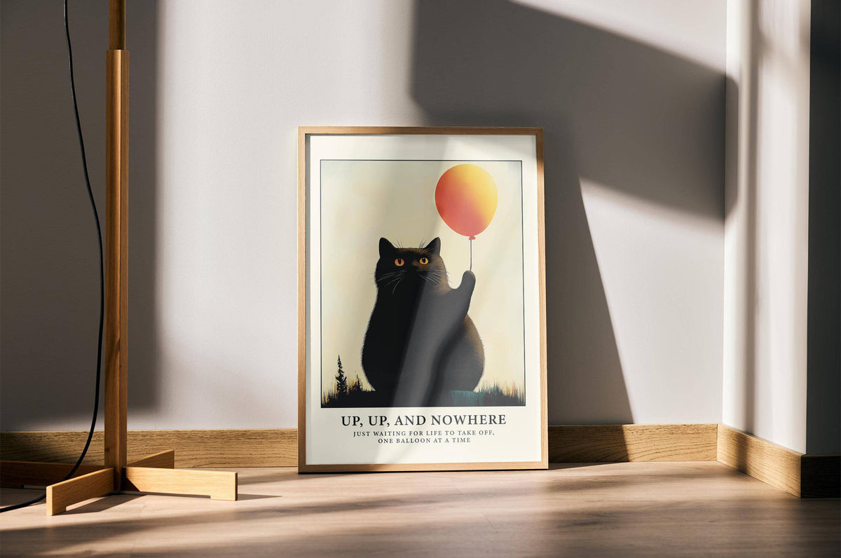 Humorous black cat poster with bright orange balloon for office decor