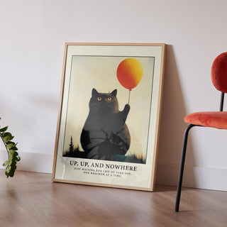 Comic-style funny cat poster featuring chubby cat and balloon
