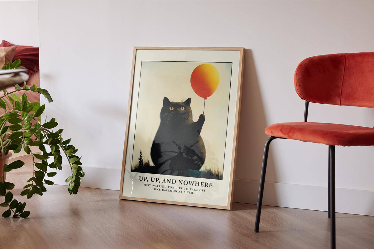 Comic-style funny cat poster featuring chubby cat and balloon