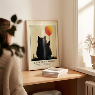Black cat with orange balloon funny poster for quirky interiors