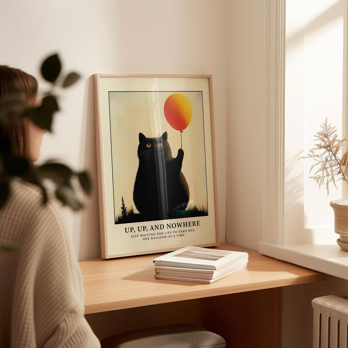 Black cat with orange balloon funny poster for quirky interiors