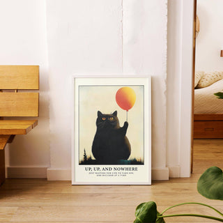 Cute black cat funny poster with floating balloon for cat lovers