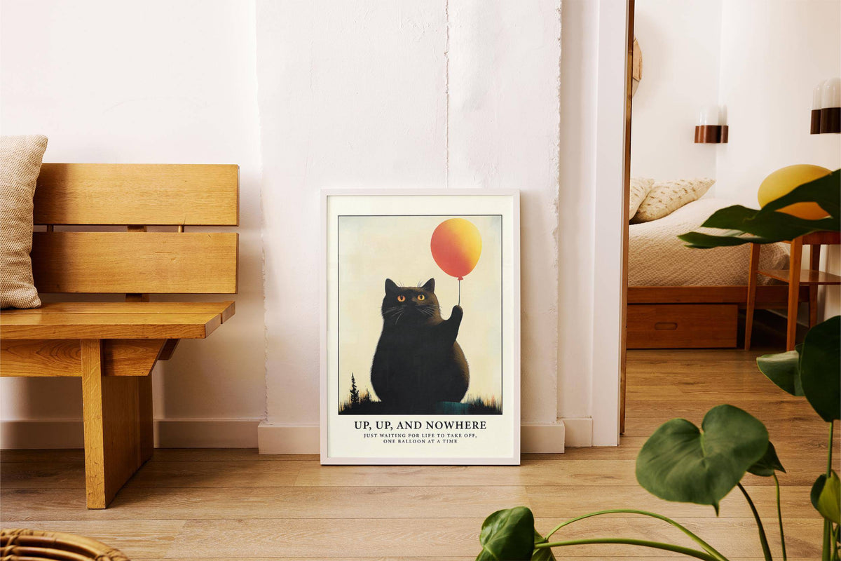 Cute black cat funny poster with floating balloon for cat lovers