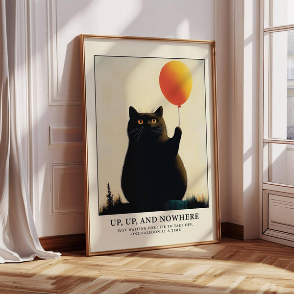 Funny cat poster in bold black and orange for lighthearted home styling