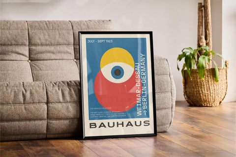 Bold Bauhaus poster art in primary colours for home decor.