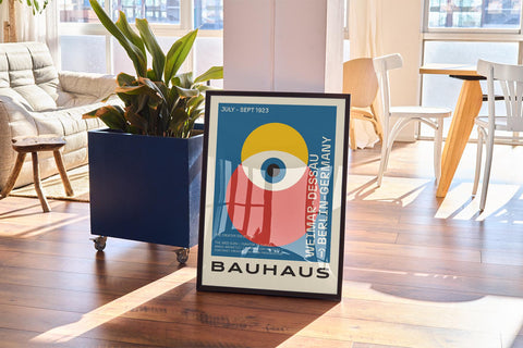 Red, blue, yellow Bauhaus poster for modern home decor.