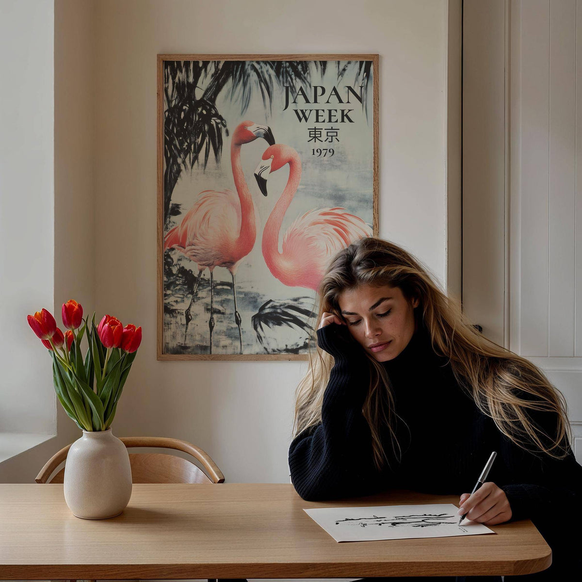 Flamingo pair captured in tranquil prints of flamingos setting