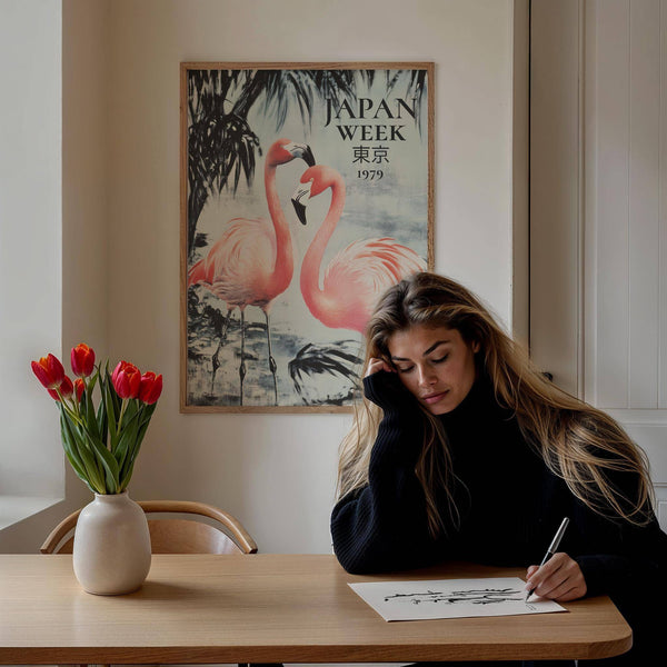 Flamingo pair captured in tranquil prints of flamingos setting