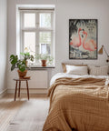 Traditional Japanese art print with pink flamingos for bedroom walls.