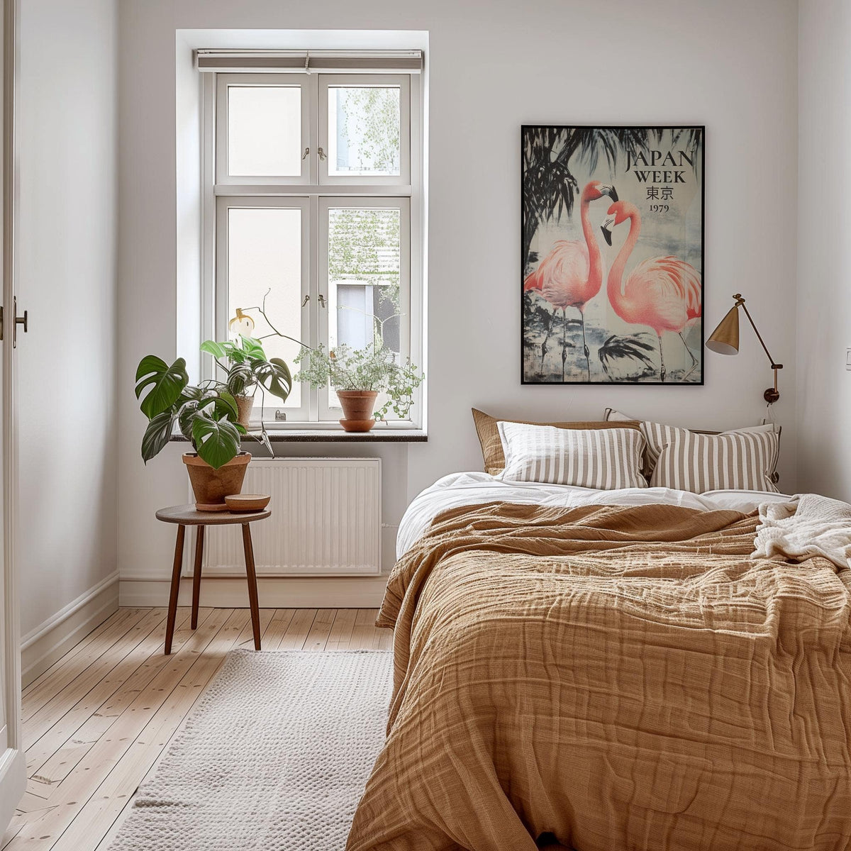 Bedroom decor featuring elegant prints of flamingos framed artwork