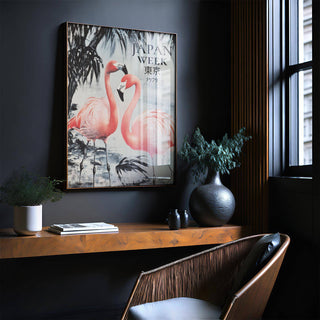 Home office with calming Japanese prints of flamingos on wall