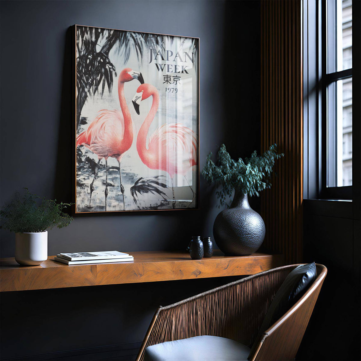 Home office with calming Japanese prints of flamingos on wall