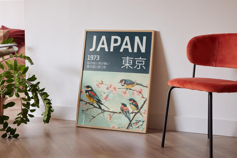 Birds and cherry blossoms on a vintage Japanese art print for home decor.