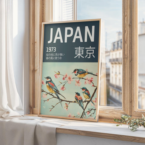 Teal-green Japanese wall art featuring birds and cherry blossoms.