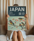 Vintage-style Japanese poster with cherry blossoms, ideal for traditional homes.